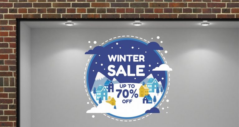 Αυτοκόλλητα καταστημάτων - "Snowy Winter Sale" - Αυτοκόλλητο Βιτρίνας με Χιονισμένο Τοπίο ❄️🏔️ — εικόνα 1 από 5