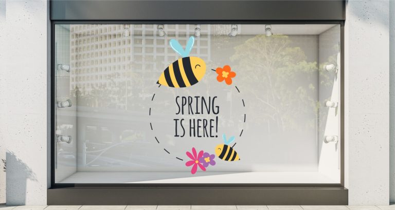 Αυτοκόλλητα καταστημάτων - "Spring is here" με Μέλισσες και Λουλούδια 🐝🌺 – Αυτοκόλλητο Βιτρίνας — εικόνα 1 από 4