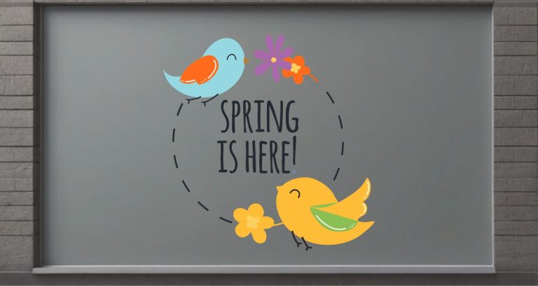 Ανοιξιάτικη βιτρίνα - "Spring is here" σε Κύκλο με Λουλούδια και Πουλάκια 🌸🐦 – Αυτοκόλλητο Βιτρίνας — εικόνα 1 από 5