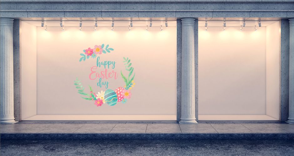 Αυτοκόλλητα καταστημάτων - "Happy Easter Day" με πασχαλινά αυγά και λουλούδια