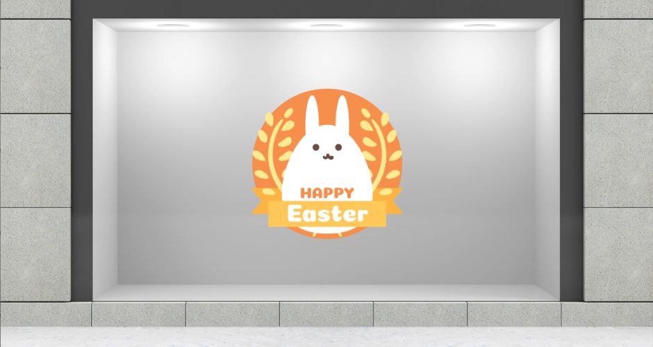 Αυτοκόλλητα καταστημάτων - "Happy Easter" σε κύκλο με κορδέλα και λαγό