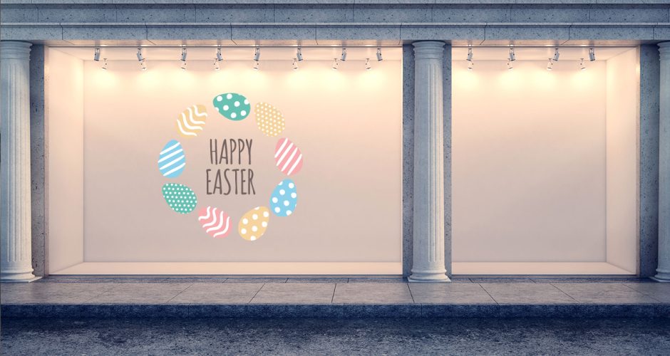 Αυτοκόλλητα καταστημάτων - "Happy Easter" με πασχαλινά αυγά σε σχήμα κύκλο