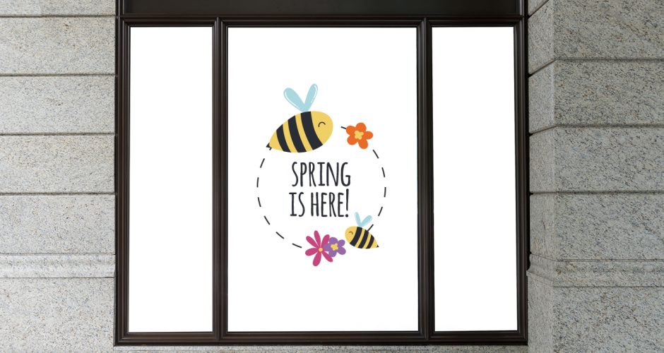 Ανοιξιάτικη βιτρίνα - "Spring is here" σε κύκλο με μέλισσες και λουλούδια