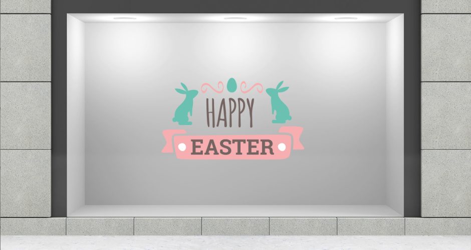 Αυτοκόλλητα καταστημάτων - "Happy Easter" με λαγούς και κορδέλα