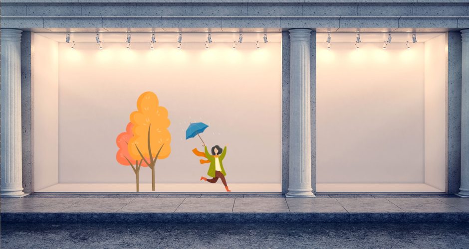Αυτοκόλλητα καταστημάτων - Φθινοπωρινή σύνθεση με δέντρο και άνθρωπο με ομπρέλα