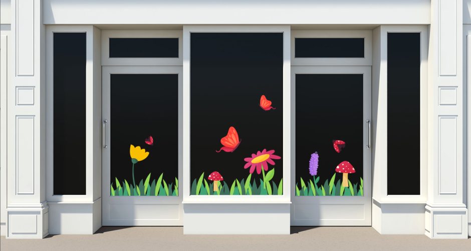 Ανοιξιάτικη βιτρίνα - Ανοιξιάτικη / Καλοκαιρινή σύνθεση με γρασίδι, λουλούδια και πεταλούδες