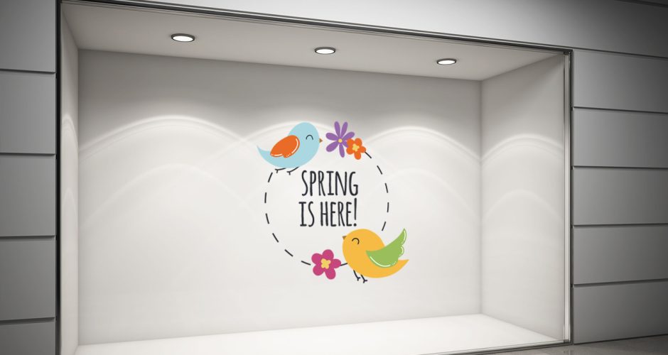 Ανοιξιάτικη βιτρίνα - "Spring is here" σε κύκλο με λουλούδια και πουλάκια