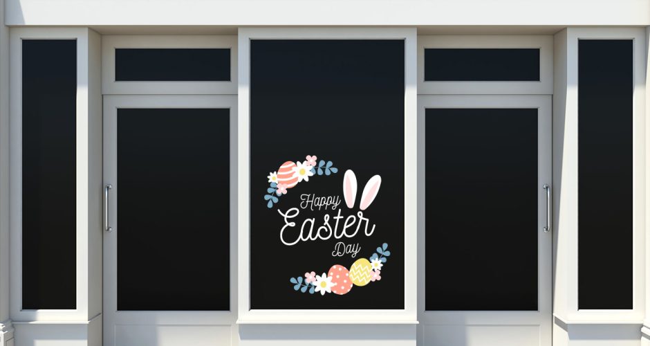 Αυτοκόλλητα καταστημάτων - "Happy Easter Day" με αυτιά λαγού, λουλούδια και αυγά