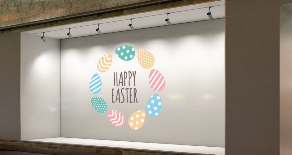 Αυτοκόλλητα καταστημάτων - "Happy Easter" με πασχαλινά αυγά σε σχήμα κύκλο