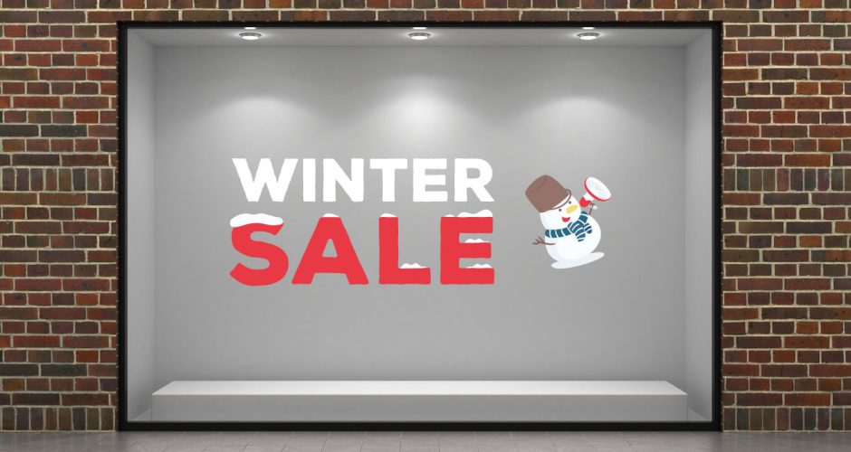 Αυτοκόλλητα καταστημάτων - Winter sale με χιονισμένα γράμματα και χιονάνθρωπο