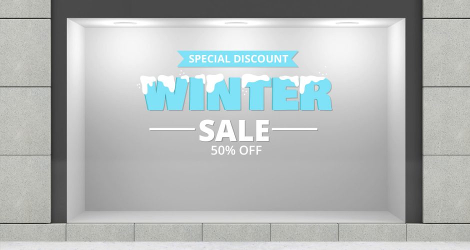 Αυτοκόλλητα καταστημάτων - Winter sale με χιονισμένα γράμματα και ποσοστό έκπτωσης