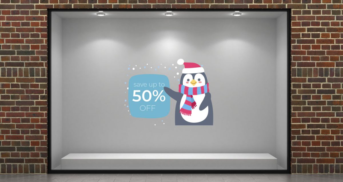 "Winter Sales Penguin" - Αυτοκόλλητο Βιτρίνας με Χαρούμενο Πιγκουίνο ❄️🐧 — εικόνα 1 από 4