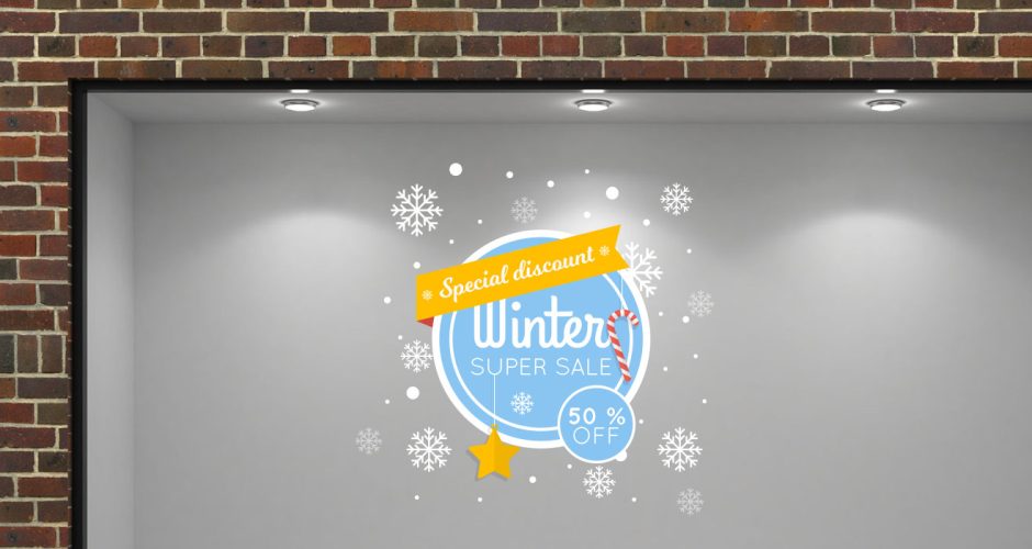 Αυτοκόλλητα καταστημάτων - Winter super sale με αστεράκι και ποσοστό έκπτωσης