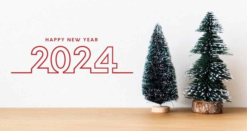 Αυτοκόλλητα Τοίχου - Κόκκινο Happy New Year 2024 σε στυλ κορδέλα