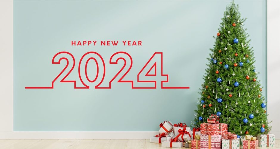 Αυτοκόλλητα Τοίχου - Κόκκινο Happy New Year 2024 σε στυλ κορδέλα