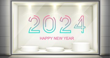 Αυτοκόλλητα καταστημάτων - Happy New Year 2024 πολύχρωμο ή λευκό σε στυλ διακεκομμένων γραμμών
