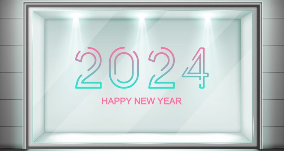 Αυτοκόλλητα καταστημάτων - Happy New Year 2024 πολύχρωμο ή λευκό σε στυλ διακεκομμένων γραμμών