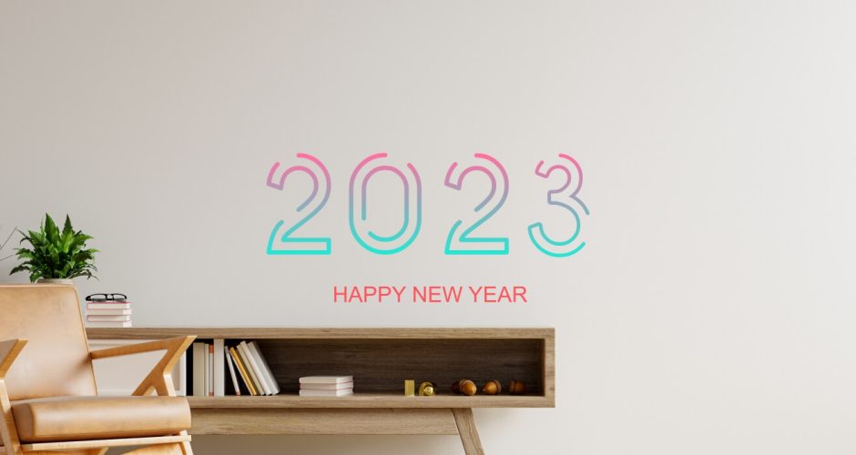 Αυτοκόλλητα καταστημάτων - Happy New Year πολύχρωμο σε στυλ διακεκομμένων γραμμών