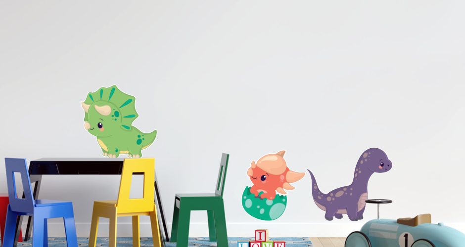 Αυτοκόλλητα Τοίχου - Χρωματιστοί δεινόσαυροι ζωγραφισμένοι στο χέρι