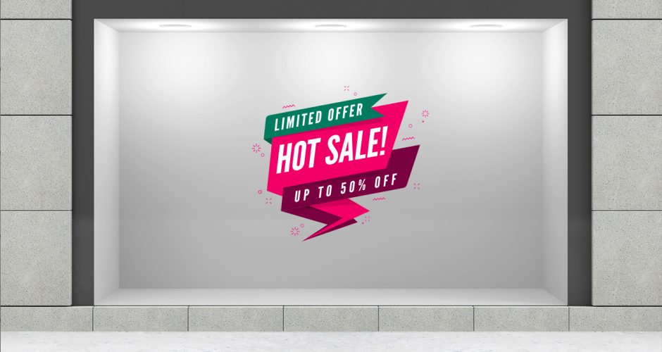 Αυτοκόλλητα καταστημάτων - Αυτοκόλλητο εκπτώσεων "Hot Sale" μισή τιμή