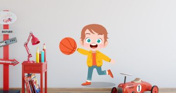 Αυτοκόλλητα Τοίχου - Χαρούμενο παιδάκι που παίζει μπάσκετ
