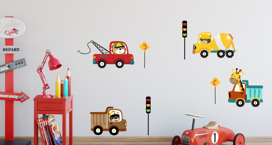 Αυτοκόλλητα Τοίχου - Σύνθεση με φορτηγά και ζωάκια οδηγούς με φανάρια και ταμπέλες
