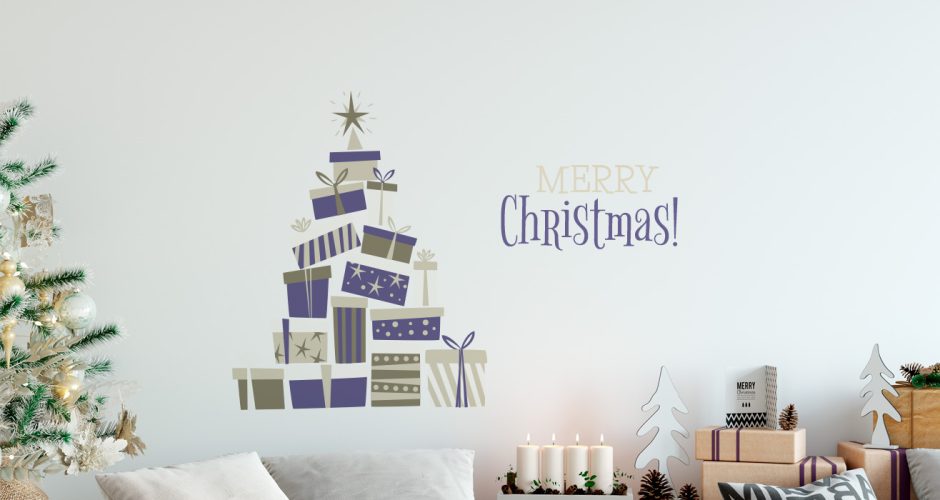Αυτοκόλλητα Τοίχου - Χριστουγεννιάτικο Δέντρο απο δώρα και Merry Christmas