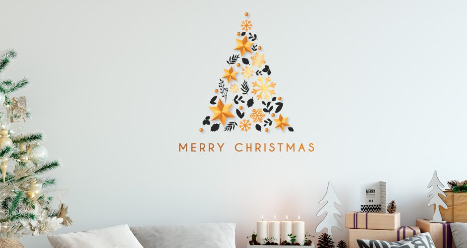 Αυτοκόλλητα Τοίχου - Χριστουγεννιάτικο δέντρο από αστέρια, νιφάδες και φύλλα και Merry Christmas