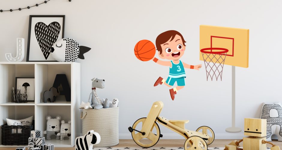 Αυτοκόλλητα Τοίχου - Παιδικό αυτοκόλλητο τοίχου με παιδάκι αθλητή που παίζει μπάσκετ