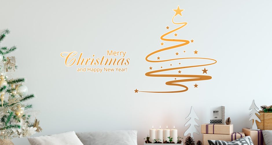 Αυτοκόλλητα Τοίχου - Χρυσό Merry Christmas και Χριστουγεννιάτικο Δέντρο Κορδέλα