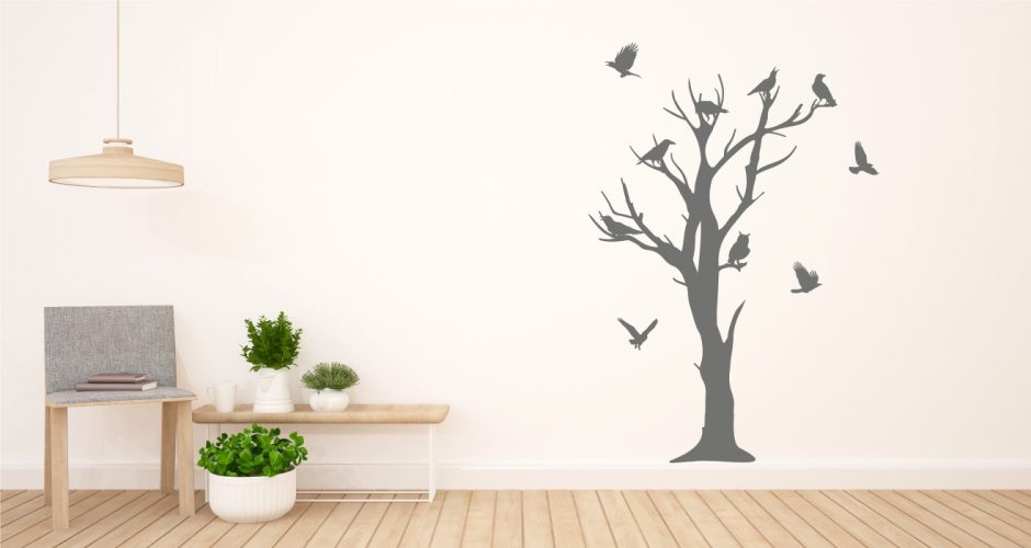 Αυτοκόλλητα Τοίχου - Δέντρο με πουλιά (Μονόχρωμο)