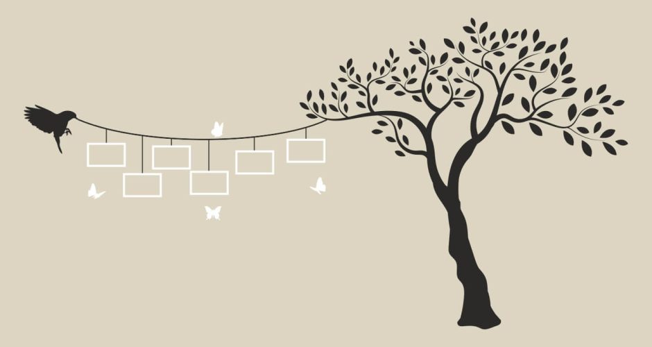 Αυτοκόλλητα Τοίχου - Οικογενειακό δέντρο με πεταλούδες και πουλάκι