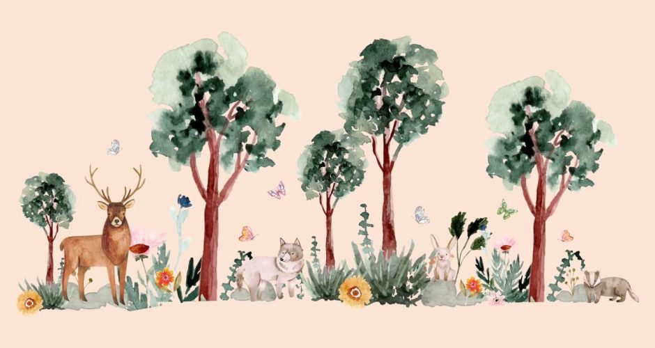 Αυτοκόλλητα Τοίχου - Όμορφη απεικόνιση δάσους με ζωάκια