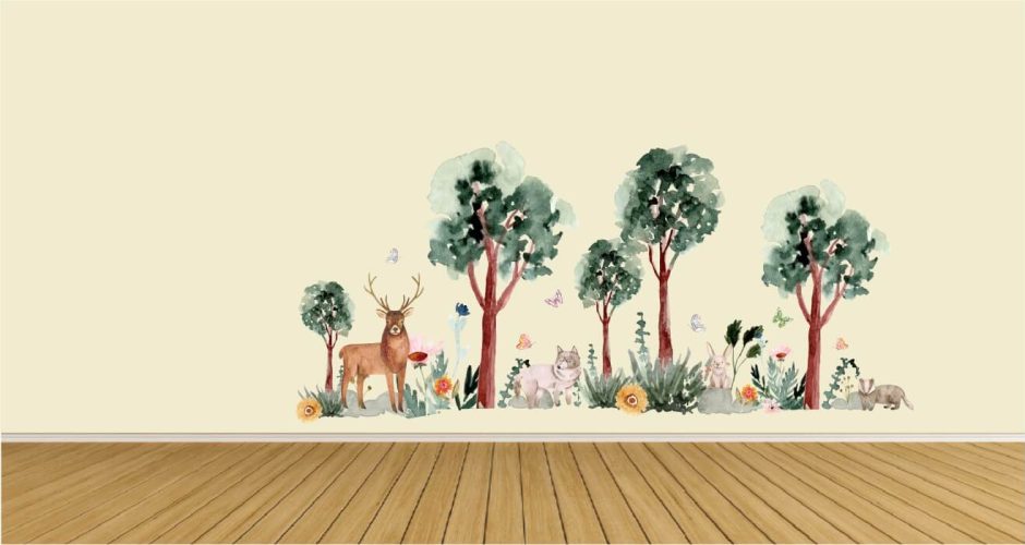 Αυτοκόλλητα Τοίχου - Όμορφη απεικόνιση δάσους με ζωάκια
