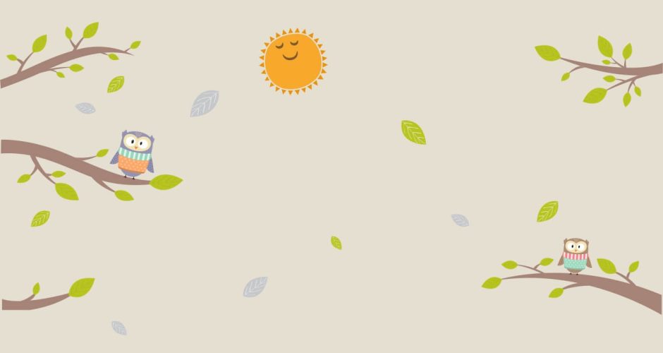Αυτοκόλλητα Τοίχου - Κουκουβάγιες πάνω σε κλαδιά και χαμογελαστός ήλιος