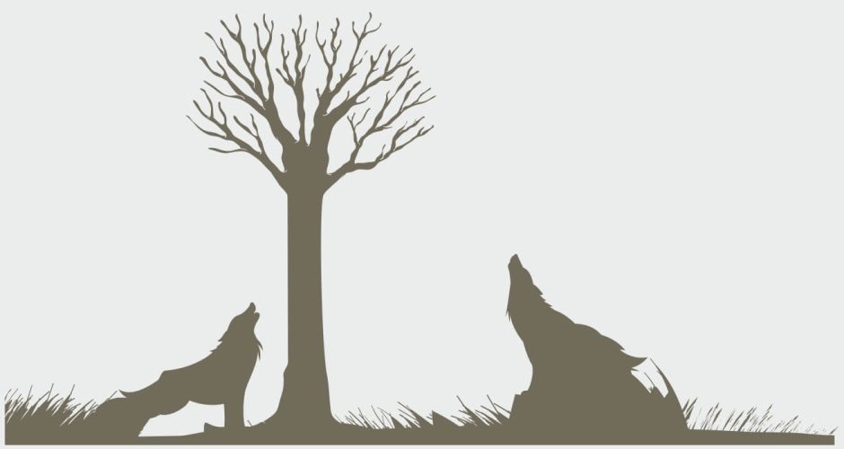 Αυτοκόλλητα Τοίχου - Σιλουέτες λύκων με δέντρο