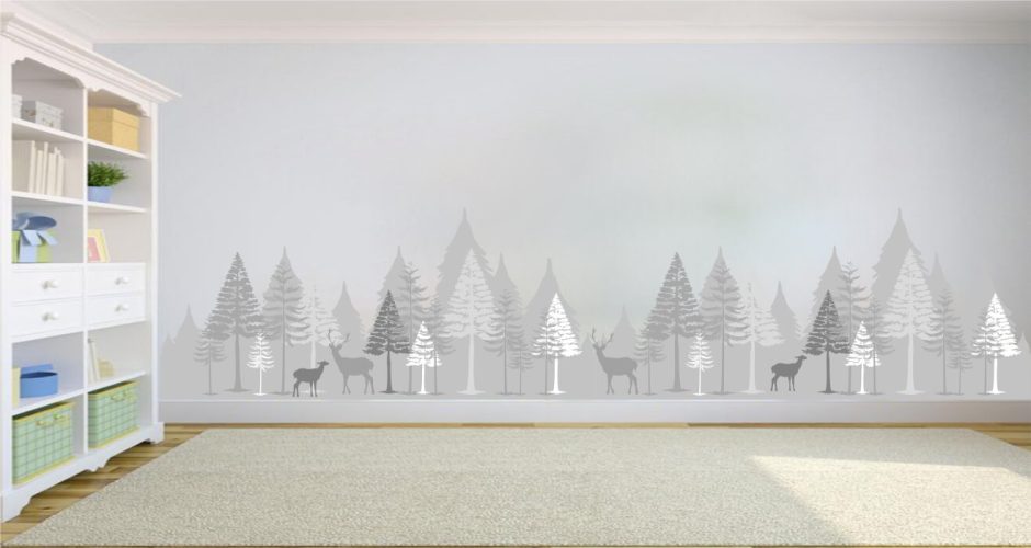 Αυτοκόλλητα Τοίχου - Πανέμορφη σιλουέτα δάσους με ζωάκια