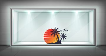 Αυτοκόλλητα καταστημάτων - Αυτοκόλλητο καλοκαιρινής βιτρίνας με ηλιοβασίλεμα και φοίνικες