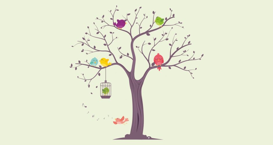 Αυτοκόλλητα Τοίχου - Δέντρο με χαρούμενα πουλάκια