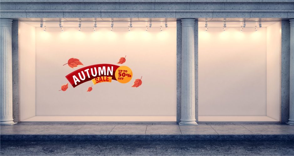 Αυτοκόλλητα καταστημάτων - Αυτοκόλλητο Φθινοπωρινών εκπτώσεων Autumn sale με φύλλα με το δικό σας ποσοστό