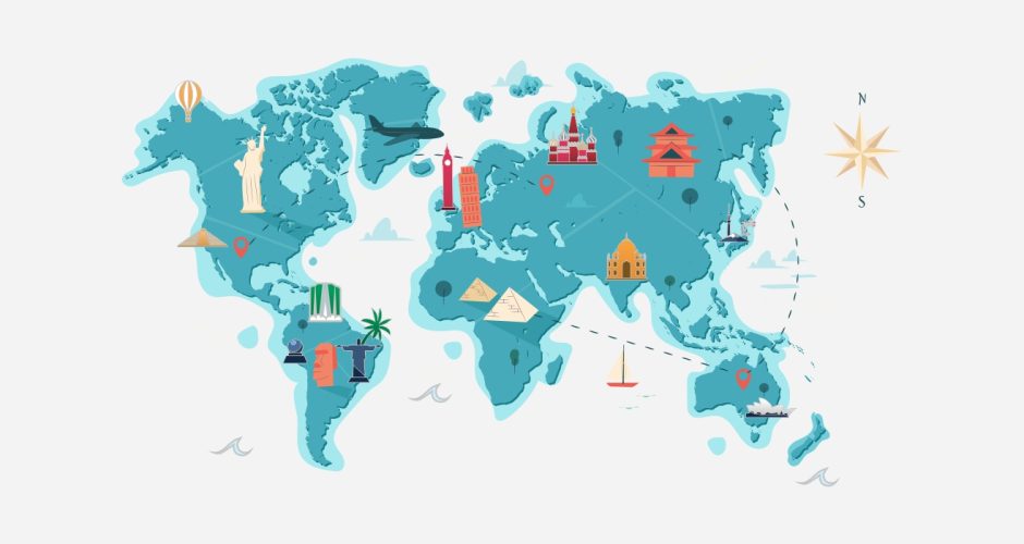 Αυτοκόλλητα καταστημάτων - Παγκόσμιος χάρτης με αξιοθέατα