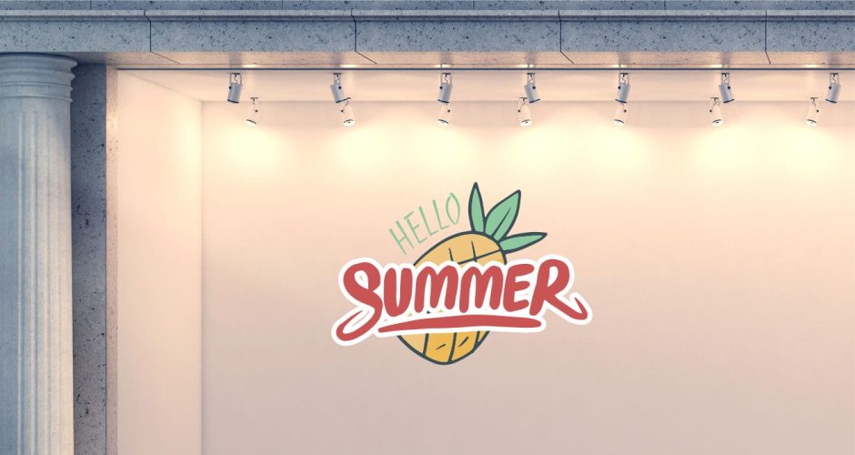 Αυτοκόλλητα καταστημάτων - Καλοκαιρινή Διακόσμηση Βιτρίνας - Hello summer με ανανά σε καλοκαιρινά χρώματα