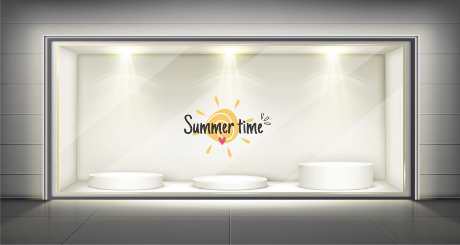 Αυτοκόλλητα καταστημάτων - Καλοκαιρινή Διακόσμηση Βιτρίνας Summer time με ήλιο και καρδούλα