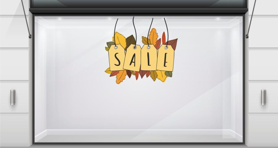Αυτοκόλλητα καταστημάτων - Αυτοκόλλητο Φθινοπωρινών εκπτώσεων SALES με φύλλα.