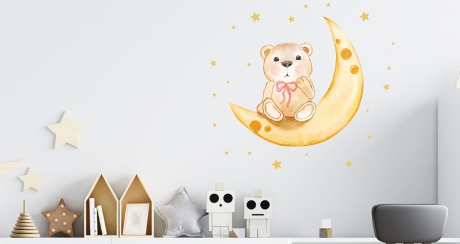 Αυτοκόλλητα Τοίχου - Αυτοκόλλητο τοίχου με αρκουδάκι στο φεγγάρι και αστεράκια