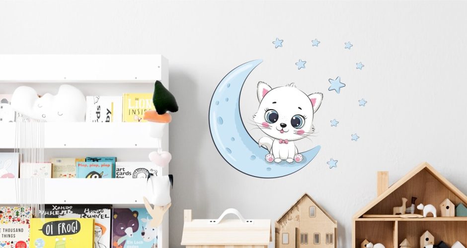 Αυτοκόλλητα Τοίχου - Παιδικό αυτοκόλλητο τοίχου με γατάκι φεγγάρι και αστεράκια