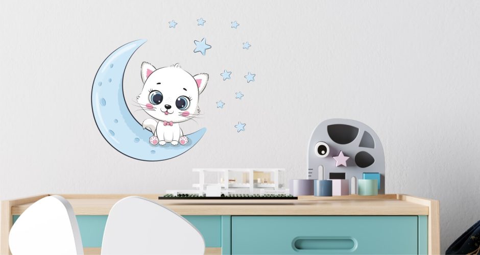 Αυτοκόλλητα Τοίχου - Παιδικό αυτοκόλλητο τοίχου με γατάκι φεγγάρι και αστεράκια