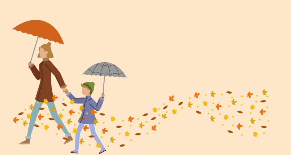 Αυτοκόλλητα καταστημάτων - Φθινοπωρινή σύνθεση με γυναίκα και παιδί με ομπρέλες