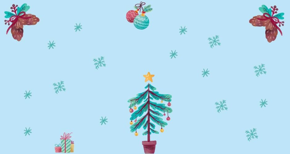 Αυτοκόλλητα καταστημάτων - Christmas mood - Αυτοκόλλητο βιτρίνας με δέντρο νιφάδες και στολίδια