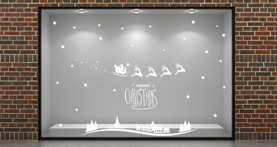 Αυτοκόλλητα καταστημάτων - "Merry Christmas" - Χριστουγεννιάτικο αυτοκόλλητο με Άγιο βασίλη και έλκηθρο